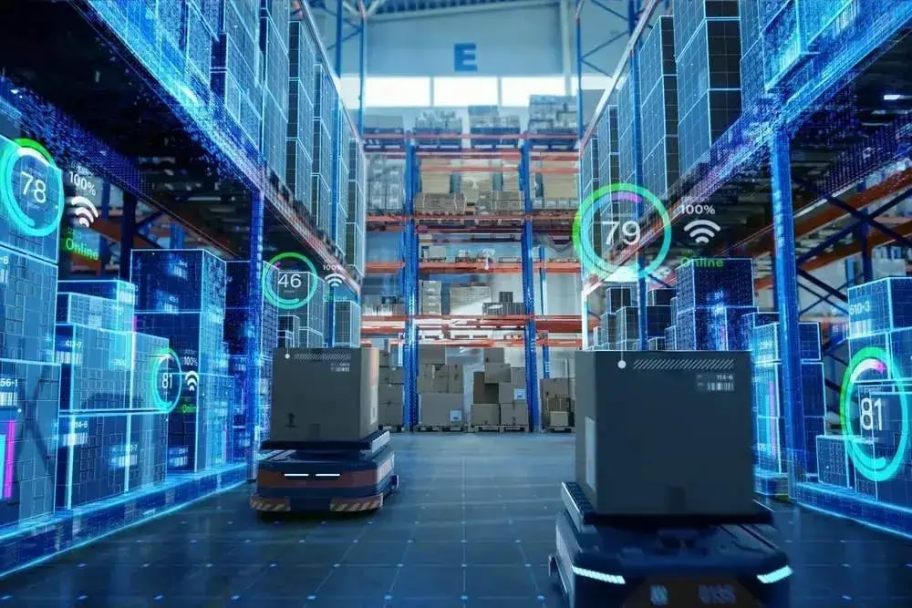 Modern enterprise warehouse with high racks and automated systems